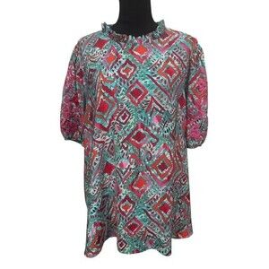 Savanna Jane Women Top Size 3X Green Pink Floral Embroidery Short Sleeves Ruffle